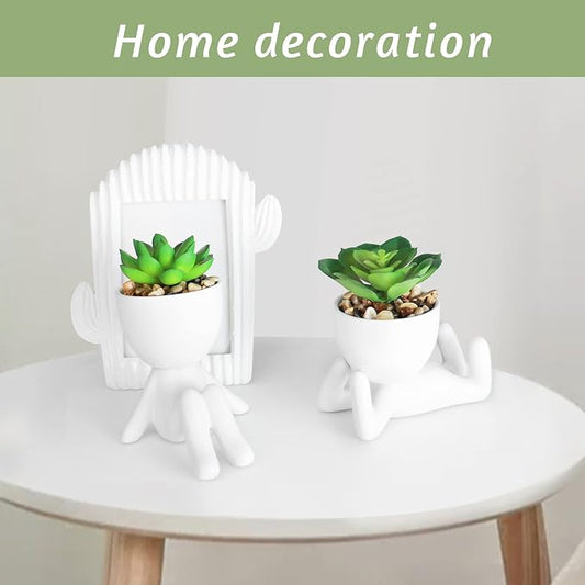 Zerzsy 3 Pack Artificial Succulent Plants for Office Desk, Fake Plants with Ceramics Human Shaped Pots,Cute Fake Succulents Pots for Bedroom/Room/Cubicle/Bookshelf Decor (Ceramic White)