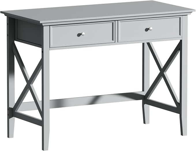Lewahom Computer Desk with 2 Drawers, Elegant Home Office Writing Study Desk with Storage, Modern Simple Vanity Desk Console Table for Living Room, Grey