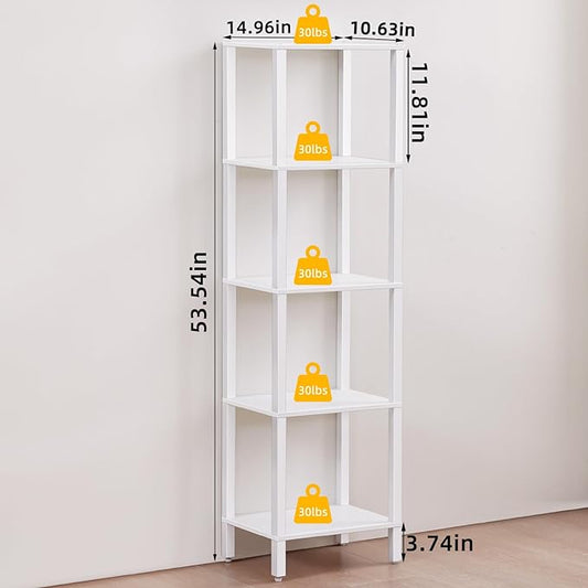 YUFAM 54in Tall Bookshelf 5-Tier Small Narrow Bookcase, Skinny Book Shelf for Small Space, Farmhouse Slim Shelf with Storage, Wood Freestanding Display Thin Bookshelves for Living Room, Office, White