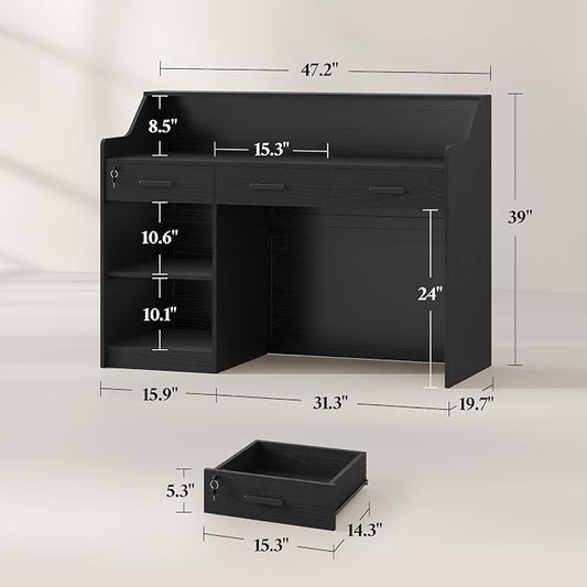 Reception Desk with Counter, Front Desk with 3 Drawers and Storage Cabinet, 47 inch Modern Retail Counter with Cable Grommet for Checkout, Barber, Beauty Salon, Home Office