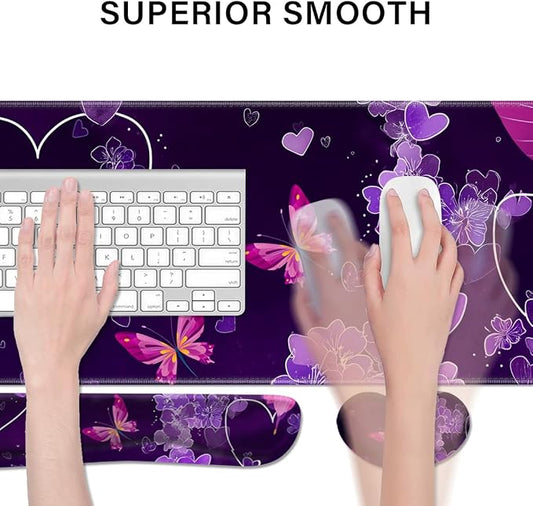 Desk Pad and Keyboard Wrist Rest, Large Mouse Pad + Keyboard Pad+Mouse Wrist Support, Non-Slip Desk Mat Protector for Office, Home 31.5×11.8 Inches Purple Butterfly
