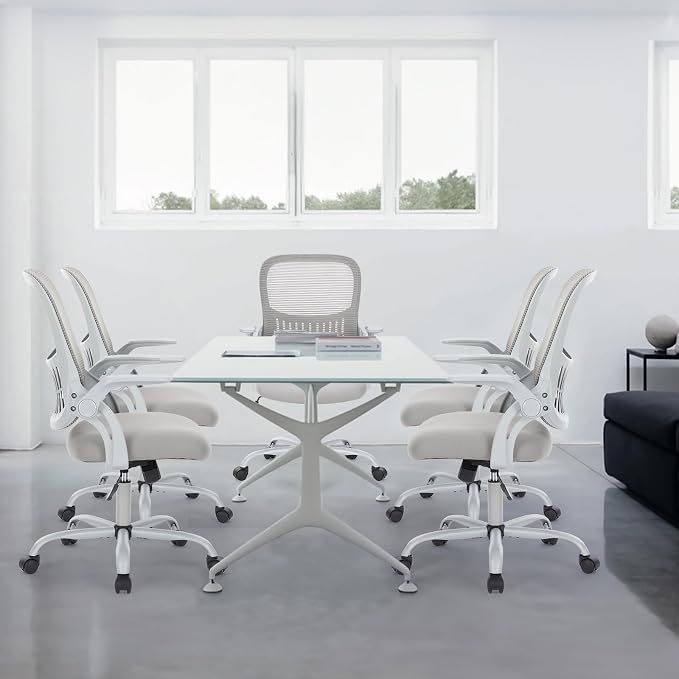 Sweetcrispy Home Office Managerial Executive Chair, Ergonomic Mesh Adjustable Swivel Mid-Back Chair with, Flip-up Arms, Comfortable Lumbar Support, Comfy Arms for Bedroom,Study,Student, Grey