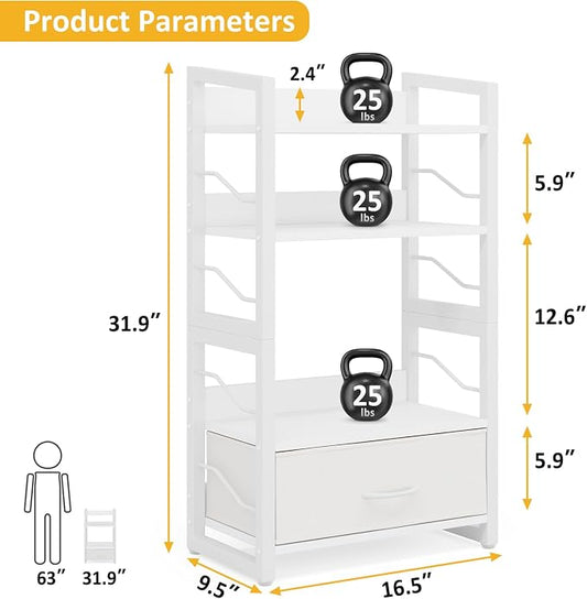 Hosfais Small Bookshelf with Drawer - 4-Tier Wood Book Shelf Industrial Narrow Bookcase Storage Organizer Metal Stackable Shelves for Desktop Bedroom Living Room Home Office (White)