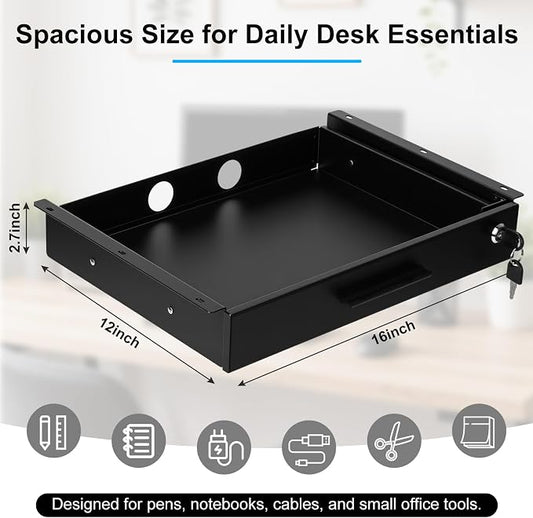 Menkxi 16'' x 12'' Under Desk Drawer Slide Out Storage Organizer, Lockable Metal Desk Drawer for Laptop and Office Accessories, Large Hidden Under Table Storage Box with Cable Management, Black