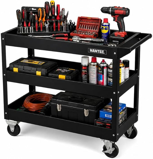 Hantec 3-Tier Rolling Mechanic Tool Cart – Heavy-Duty Steel Service Cart on Wheels with 360° Swivel Lockable Casters & Ergonomic Handle, 220 LBS Capacity, 31.9" L x 15" W x 30.7" H, Tool Organizer