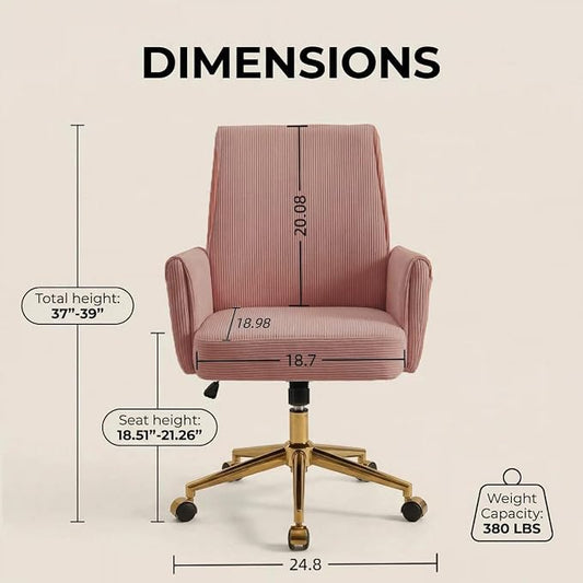 Stripes Velvet Home Office Desk Chair, Accent Upholstered Modern Height Adjustable Swivel Chair with Wheels,Ergonomic Task Chair for Living Room,Bedroom,Vanity,Study,Office(Pink)