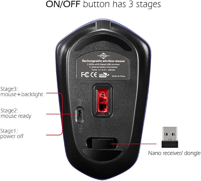 Rechargeable Wireless Mouse, Illuminating Backlit Powered by Li-Polymer Battery, Optical Sensor, Nano USB Receiver,3 Stages DPI Speed, 4 Buttons for PC, Laptop, Tablet, MacBook etc. (Net illuminating)