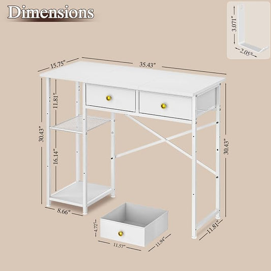 DAOUTIME White Computer Desk, 36 Inch Small Desk with Drawers, Home Office Desk with Storage Shelves for Bedroom, Living Room, Dorm, Vanity Desk for Small Spaces, White