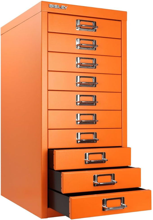 10-Drawer Steel MultiDrawer Cabinet - Orange, by Bisley | Chrome Pull Handles with Label Holders, Powder-Coated Steel, Removable Drawers, Fits Under Most Desks, Labels Included
