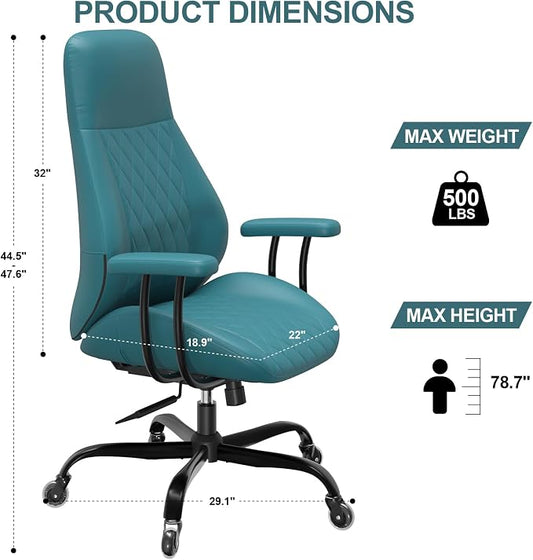 E-Ser Leather Desk Chair, Mid Century Modern Office Chair, Green | Lumbar Support, Ergonomic, 360° Swivel, Rubber Rolling Wheels, Adjustable Height, for Adults