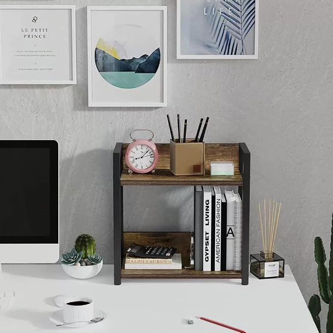 Office Desk Shelf Organizer, Wood Desktop Bookshelf Supplies Storage Rack, Shelf for Top of Desk and Dresser and Cubicle Decor Aesthetic Bookshelf (Brown, Small 12.9" Lx6.3 Wx10.2 H)