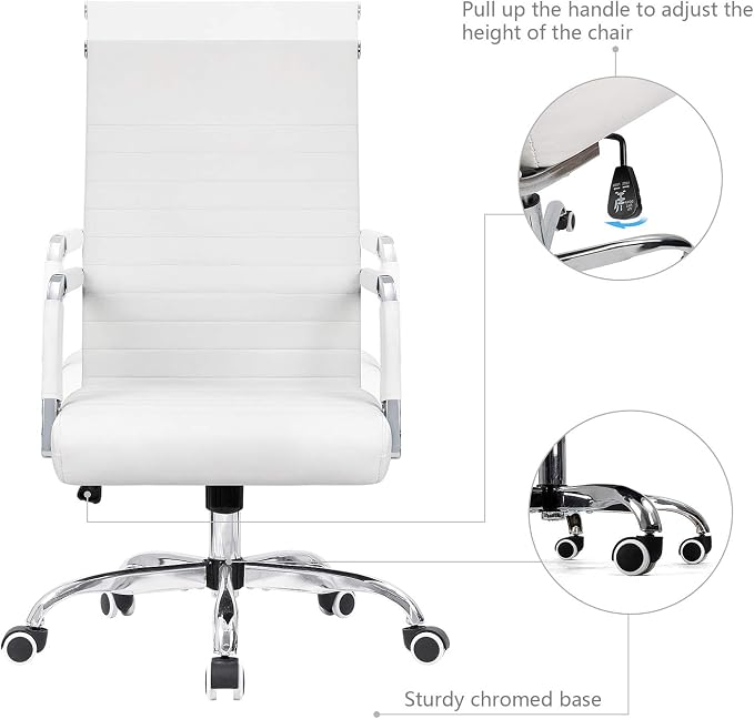KaiMeng Ribbed Office Desk Mid Back Computer Chair Height Adjustable Conference Executive Task Swivel PU Leather (White)