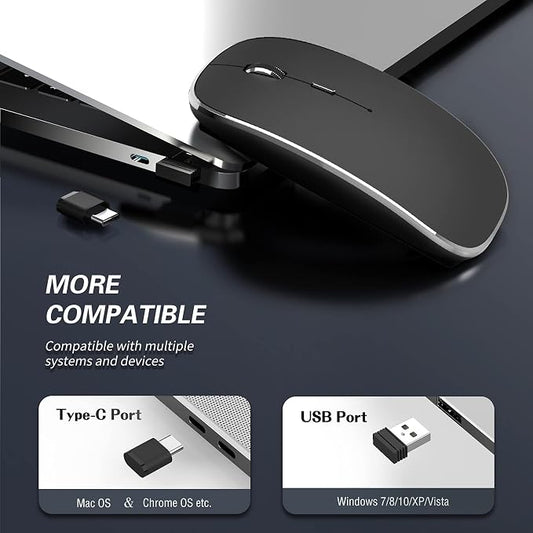 Halpilt Wireless Mouse Chargeable Portable Silent USB-A and Type-C Dual Mode Wireless Mouse 3 Adjustable DPI for Laptop, Mac, Android, PC (Q23S Black)
