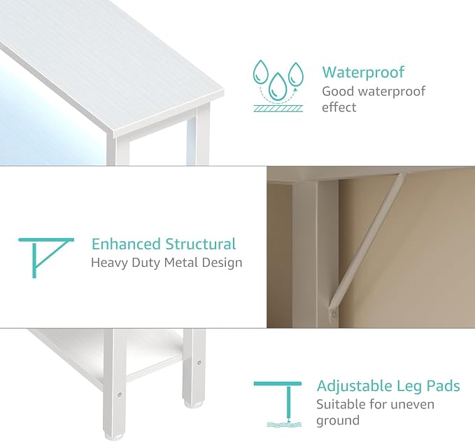 Lufeiya White L Shaped Gaming Desk with Fabric Drawers and Storage Shelves, 47 inch Home Office Desk with Monitor Stand, Computer Desk with LED Lights and Power Outlets, White