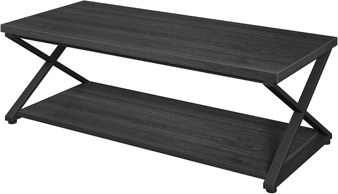 Coffee Table for Living Room, 2 Tier Rectangular Tea Table, Industrial Center Table forBedroom Home Office, Black,47 Inch