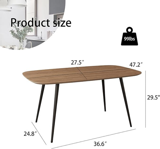 HIPIHOM 47.2'' Modern Farmhouse Dining Table, Wooden Rectangular Dining Table with Metal Legs for 4-6 People for Dining Room, Kitchen, Living Room (Walnut Color Table, 47.2")