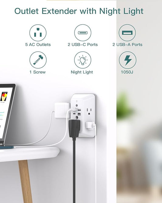 Addtam Surge Protector Outlet Extender, Plug Extension Outlet with Night Light, 5-Outlet Splitter and 4 USB Ports(PD 30W), Multi Plug Wall Outlet for Home Office Dorm Room Essentials