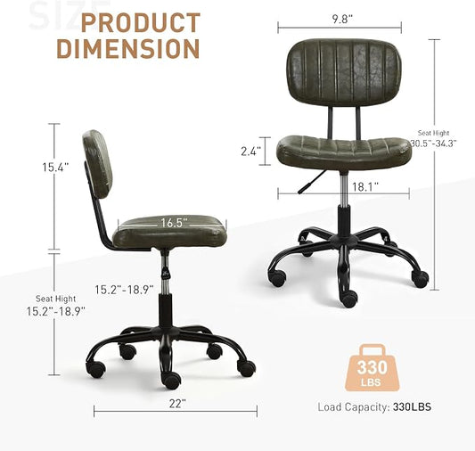 DRMBOOK Small Home Office Desk Chair with Wheels, Armless Comfy Vanity Chair Swivel Computer Task Chair No Arms, Modern Height Adjustable Low Back Rolling Chair for Small Space (PU Leather Green)