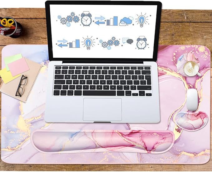Keyboard Mouse Pad Set, Extended Mouse Pad+Keyboard Wrist Rest Support, Memory Foam Ergonomic Easy Typing, 3Pcs (35.4×15.7 in) Desk Pad Set for Home Office Study Game- Pink Marble