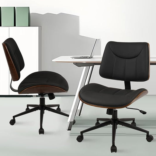 CLATINA Office Chair Armless with Wheels, Mid-Century Modern Walnut Desk Chair, Adjustable Height Reading Chair, PU Leather Mid Back & Swivel Computer Chairs for Home Meeting Room Bedroom, Black(2 PK)
