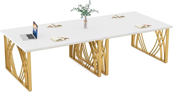 LITTLE TREE 55’’ Large Modern Computer Desk, White & Gold Luxury Laptop PC Student Table, Makeup Vanity Table with Thick Frame & Strong Legs, Sturdy Writing Workstation for Home & Office