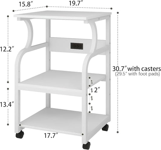 Natwind 3 Tier Printer Stand,Rolling Printer Table with Adjustable Storage Shelf for Home Office Organization,Multifunctional Shelves for Heat Press,3D Printer (White)