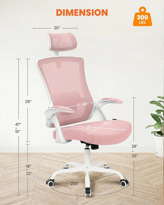 NEO CHAIR Office Chair High Back Desk Mesh Chair Comfy Computer Gaming Seat with Adjustable Ergonomic Headrest Lumbar Rolling Flip-up Armrests and Wheels (Pink)
