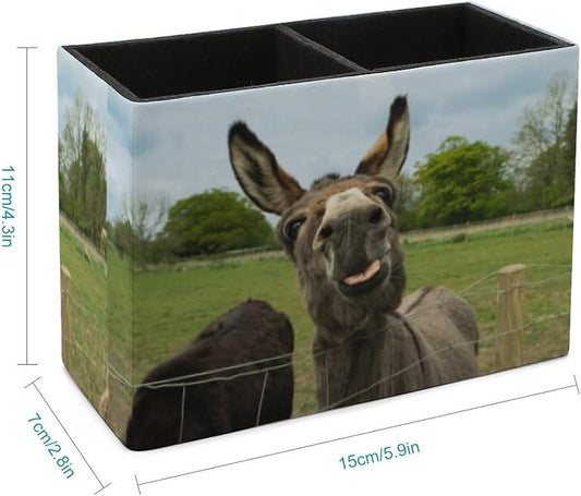 Niapessel Pencil Holder for Desk, Brown Furry Donkey Pen Holder Storage Desktop Pen Organizer Desk Pencil Organizer Makeup Brush Holder for Office School College Leather