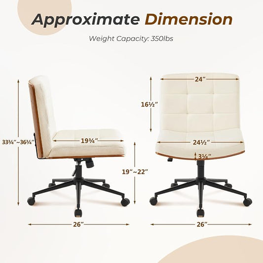 Furnimart Heavy-Duty FSC Wooden Wide Desk Chair, 360° Swivel Criss Cross Office Chair with Wheels, Comfy Cross Legged Sitting, Armless Rolling Chair for Bedroom, Office, Vanity (Linen Beige)