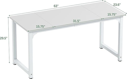 NSdirect Large Office Desk for Home Office, Large 63” Computer Desk Table, Wide Writing Study Desk for 2 Person, Metal Sturdy Frame Thicker Steel Legs,Warm White