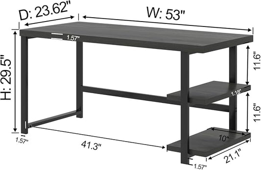 EXCEFUR Black Desk, Modern Computer Desk for Home Office, Metal Wood Writing Study Table Workstation with Storage Shelf for Living Room, Bedroom, 53 Inch