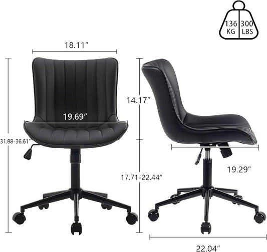 YOUNIKE Black Office Desk Chair with Wheels Comfy Armless Small Vanity Chair with Adjustable Rocking Back Modern Leather Upholstered Rolling Task Computer Chair Cute Swivel Drafting Chair Compact