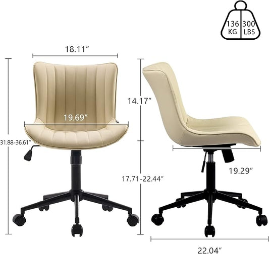 YOUNIKE Ergonomic Home Office Desk Chair with Wheels Comfy Armless Vanity Chair with Adjustable Back Modern Leather Upholstered Swivel Computer Chair Small Cute Rolling Task Chair for Women Beige