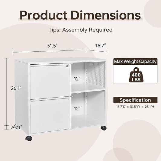 2 Drawer File Cabinet for Home Office, Rolling File Cabinets with Lock, Under Desk Metal Filing Caninet with Wheels for A4 / F4 / Letter/File Box, White-Assembly Required