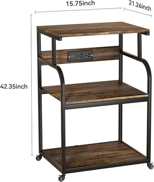Large Printer Stand with 3-Tier Wood Storage Shelves with Power Outlet - Multi-Purpose Desk Organizer for Printer Scanner Fax Home Office Use with Wheels (Rustic Brown)