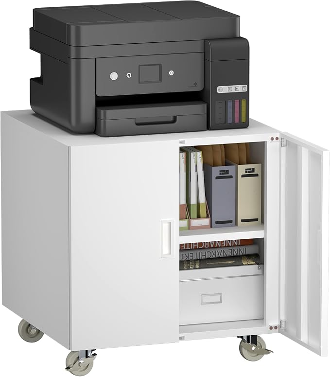 Metal Printer Stand, Rolling Table for Printers, Large Printers Table with Storage, Office Printer Stand for Copier, Fax, Heavy Duty Stands with Shelf for School, Workplace, White
