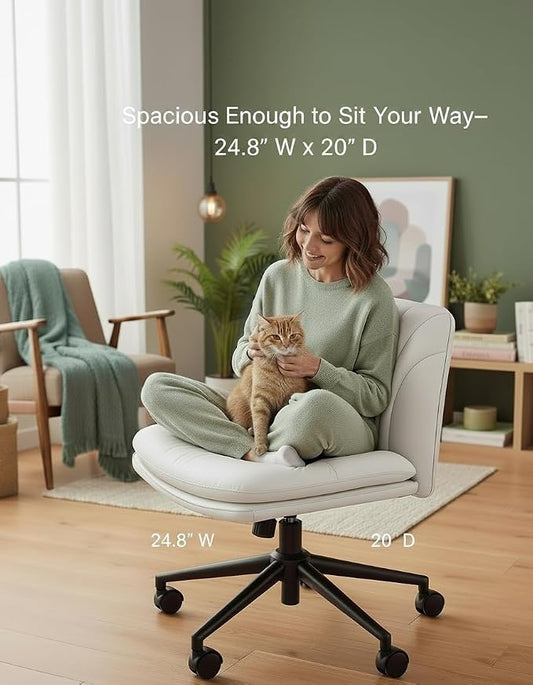 Marsail Criss Cross Office Chair with Wheels, Armless Wide Desk Chair for Active Sitting, PU Leather Cross Legged Chair for Home Office, Pet-Friendly & Easy Clean, Beige