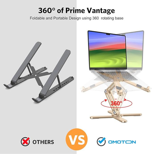 OMOTON 360° Rotating Laptop Stand Riser for Desk, Ergonomic Foldable Computer Stand Adjustable Height Angles for Collaborative Work, Easy Storage Fit Macbooks,All Laptops up to 16 inches, Gold