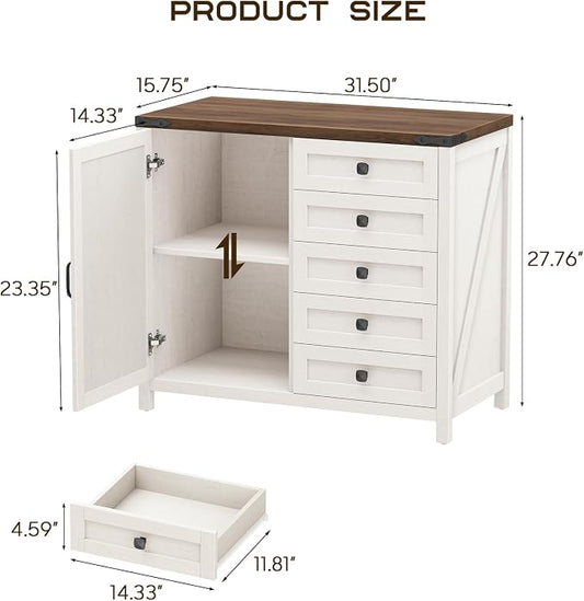 Halitaa Lateral File Cabinet with 5 Drawers, Farmhouse File Cabinet with Door and Adjustable Shelf, Large Wood File Storage Cabinets Printer Stand for Home Office Furniture, Rustic White and Brown