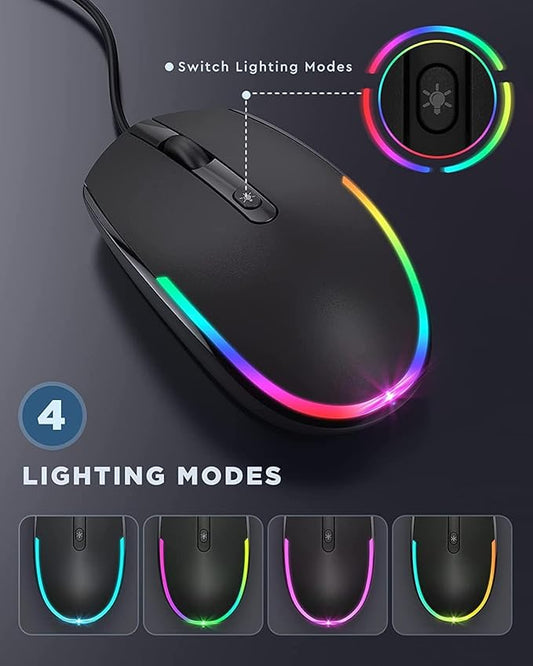 seenda Wired Mouse - USB Corded Mouse with Colorful RGB Backlit, Plug and Play, 1600 DPI Optical Tracking,Silent Computer Mouse for Laptop, PC, Chromebook, Desktop, Office, School, Home, Black
