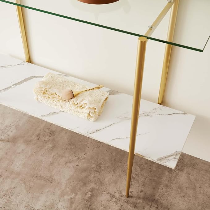 LumFurn Glass Console Table for Living Room, Foyer & Entrance, 2-Tiers Mid-Century Modern Sofa Table with Clear Glass Top, White Marble Finish Wood Shelf and Gold Finish Frame