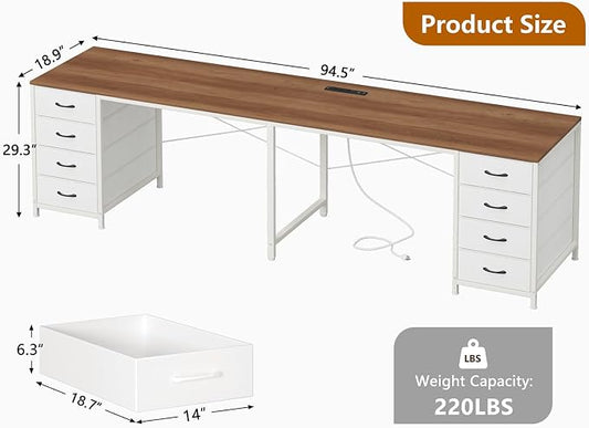 YOMILUVE 95'' Two Person Desk with 8 Drawers, Long Office Desk with Charging Station, 2 Person Desks Double Desk Writing Study Table for Home Office, Brown and White