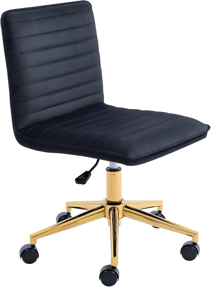 Furniliving Home Office Desk Chair, Armless Desk Chair with Wheels Soft Velvet Adjustable Height, Comfy Computer Rolling Chairs with Gold Metal Base Stool,Black