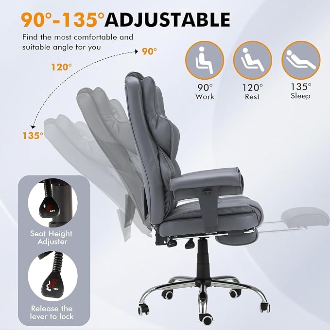 HOMREST 6-Point Massage Executive Chair,Heat Office Chair,Ergonomic Home Office Desk Chairs with Retractable Footrest and Reclining Function,Leather Computer Chair with Adjustable Armrest(โGrey)