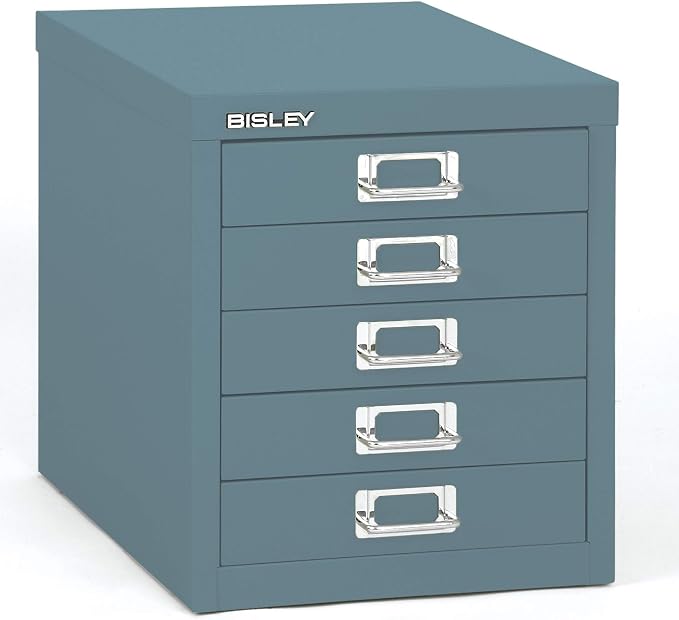 Bisley 5-Drawer Steel MultiDrawer Cabinet - Doulton Blue | Chrome Pull Handles with Label Holders, Powder-Coated Steel, Removable Drawers, Desktop Storage, Labels Included