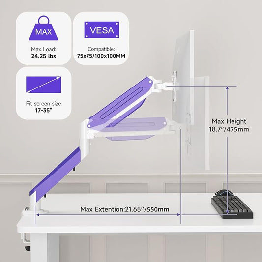 Suptek Monitor Mount Gas Spring Monitor Arm Desk Mount Fully Adjustable Fits 17 20 22 23 24 26 27 32 35 inch Monitors Weight Capacity up to 24.25 lbs (White+Purple, 17"-35")