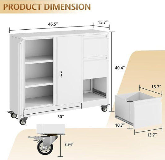 47" Rolling File Storage Locker Cabinet with 3-Drawer,Office Storage Cabinet with Adjustable Shelf & Universal Wheels, Mobile Printer Stand for Home Office, Living Dining Room,White