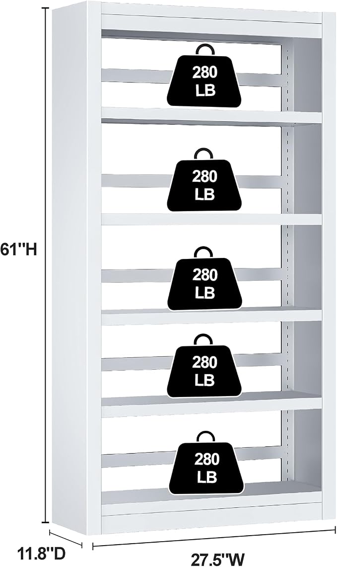 5 Tier White Bookshelf, 61" H Adjustable Bookshelf with Large Capacity, Suitable for Modern Storage Shelves in Living Rooms, Homes Offices, Garage, Sturdy Metal Bookshelf for Organizing