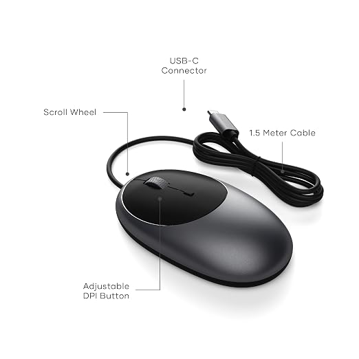 Satechi Aluminum C1 Wired USB C Mouse, Optical Computer Mouse for MacBook Air/Pro/Neo, iPad Air/Pro, iPad mini, Mac mini, iMac - Space Gray