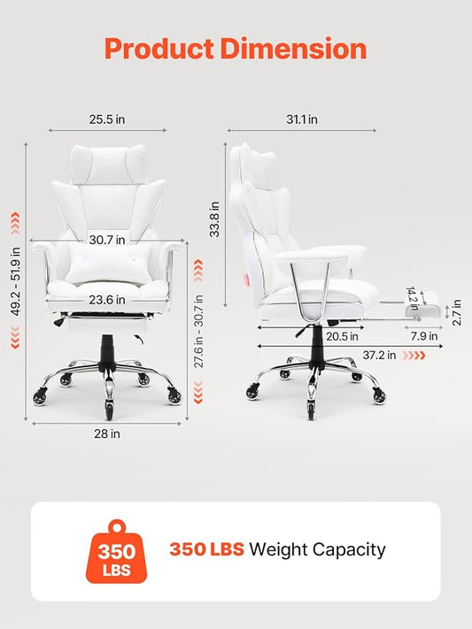 VEVOR Reclining Office Chair with Footrest, Heavy Duty PU Leather Oversize Office Chair, Big and Tall Executive Office Chairs with Lumbar Support, Strong Metal Base Quiet Wheels, White